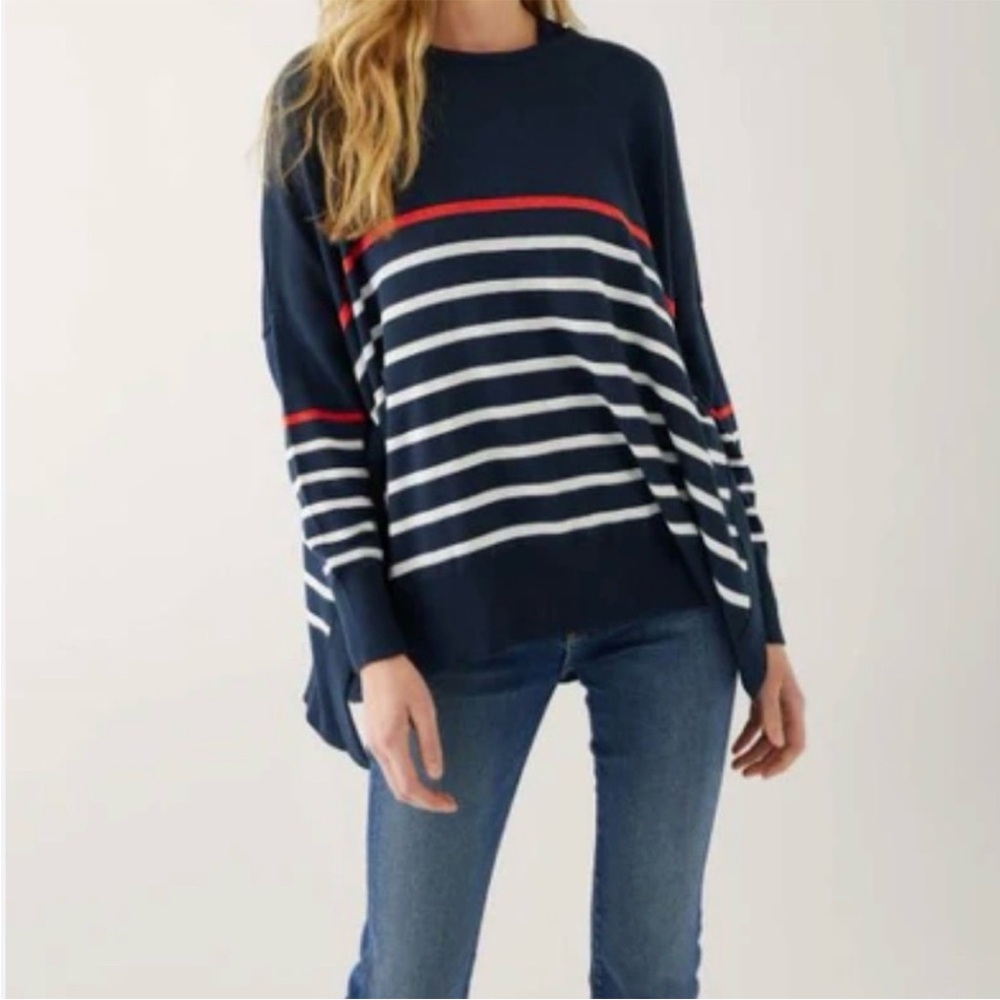 Mersea Navy Striped Nautical Coastal Classic Knit Side Slit Sweater One Size